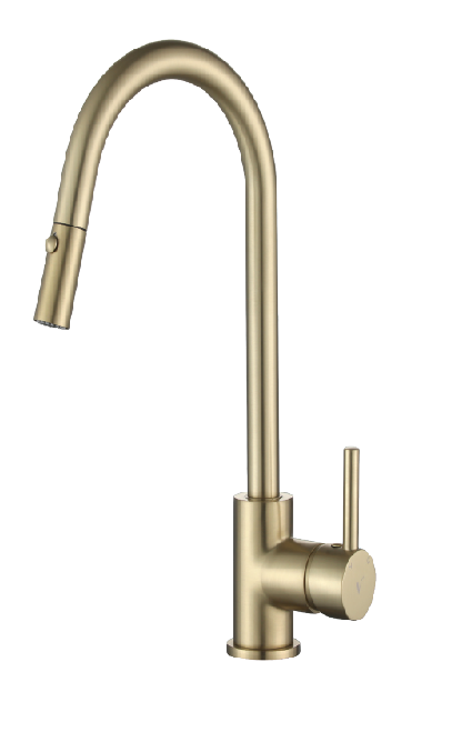 ברז קשת גבוה נשלף למטבח 2 מצבי זרימה דגם 12254 זהב מוברש