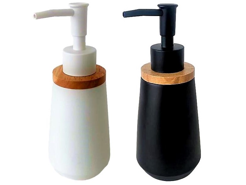 דיספנסר לסבון עגול שחור/לבן + במבוק 19 ס"מ